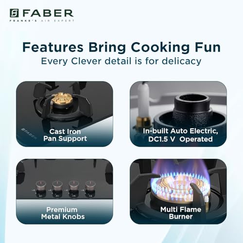 Image of Faber 4 Burner 90cm Hob /Cooktop Hybrid | Auto-Ignition| Metal Knobs|Cast Iron Pan Support|Black Glass Finish |5 Yrs Warranty on Glass,Valve & 2 Yrs on Burner by Faber| HOB PRIME HT904 CRS BR CI AI IN