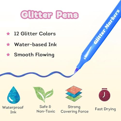 Image of Amitasha 12 Glitter Markers Pastel Color Brush Pen Set Art Marker For Painting, Greeting Cards, Glass, Mug, Scrapbook Crafts, Fabric, Fine Ideal Art