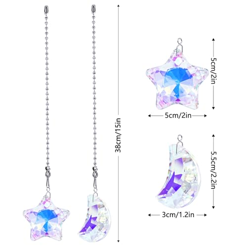 Image of 2 Pack Colorful Glass Moon and Star Ceiling Fan Pull Chain, Crystal Suncatcher Fan Lamp String Pulls Decorative Extension, 14 Inches Ball Chains Extender Ornament with Connector