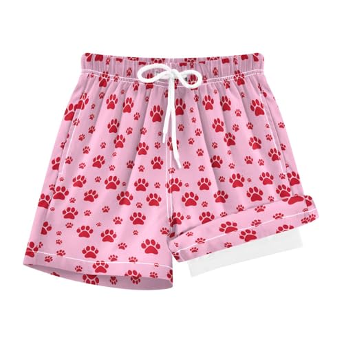 YANENDIE Boy Swim Trunks with Compression Liner Red Paw Prints Boys Swim Shorts Quick Dry Beach Shorts
