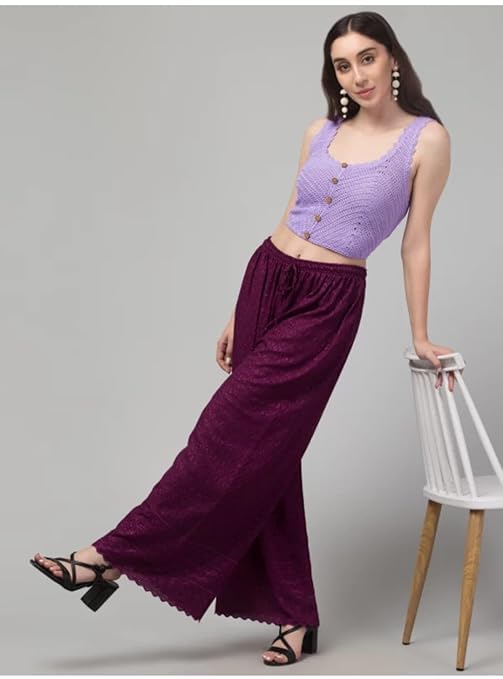 Image of Women's Palazzo Pants Rayon Trousers Chikankari Embroidered Lace Trim Wide Leg Straight Fit Flared Palazzo for Girls & Women