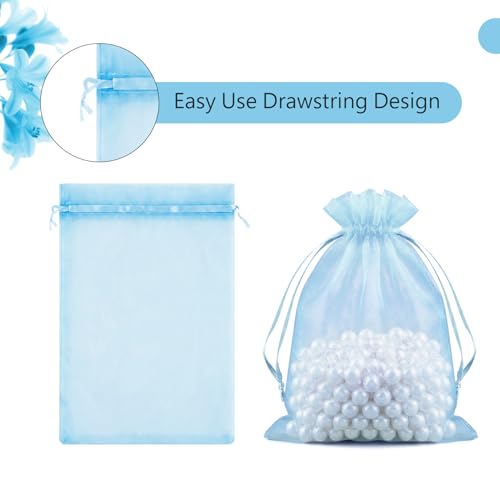 Image of FUNFERY 100Pcs Baby Blue Organza Bags 4x6 in,Small Mesh Drawstring Gift Bag | Little Jewelry Bags for Wedding Party Favors, Mini Drawstring Pouch for Sachet, Candy, Goodie, Treat Bag for Easter Day