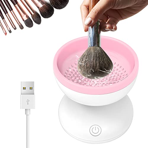 Electric Makeup Brush Cleaner Machine, USB Automatic Spinner Cosmetic Brush Cleaner, Handheld Beauty Makeup Brushes Quickly Cleaning Tools for All Makeup Brushes (White+Pink)