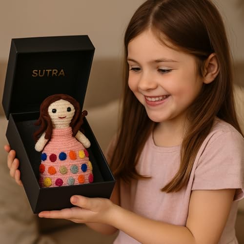 Image of Sutra Handmade Crochet Doll in Pink Rainbow Dress | Wool Amigurumi Soft Toy | Colorful Handmade Gift for Kids, Nursery & Home Decor