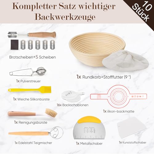 Kixiyou 10-tlg Gärkorb Set Sauerteig rund 23cm Rattan Anfänger Geschenk – Ansicht 2