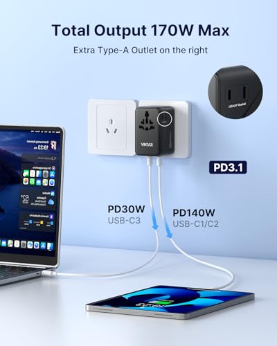 Image of VINTAR 170W GaN Universal Travel Adapter, 6-in-1 International Power Adapter with 2AC, 3 USB-C PD & 1 USB-A QC, All-in-One Charger Compatible with EU /UK /US /AU for Laptops, Tablets, Phones, Cameras