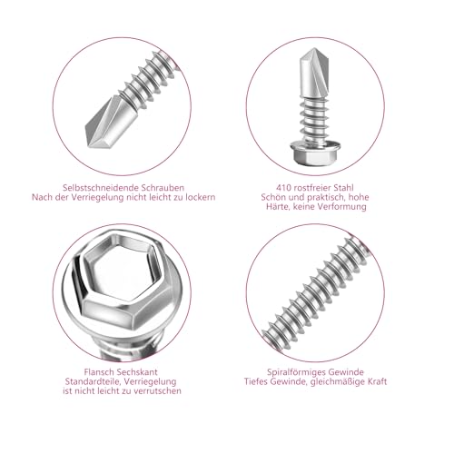 121 Stück Selbstschneidende Schrauben Set M4.8 * 16/19/25/32mm Trapezblechschrauben Silber Spenglerschrauben Bohrschrauben Edelstahl für Stahl Blechdach