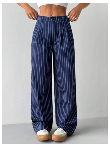 OYOANGLE Women's Striped Buttoned Zipper Fly Trousers High Waisted Straight Leg Casual Suit Pants3