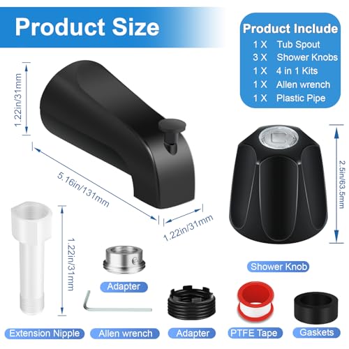 Kit de Grifería para Ducha y Bañera, Perillas en Negro Mate y Pico Tradicional Curve, para Price/Pfister Verve y llave de 3 manijas, conexiones de 1/2" y 3/4" macho miniatura 6