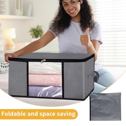 3 Pack Storage Bags, 45L Foldable Clothes Storage Bins with Lids, Closet Organizers Blanket Storage Bags with Zippers Clear Window Sturdy Handles for Clothing Bedding Comforter Sweater Pillows (Gray) - image 9