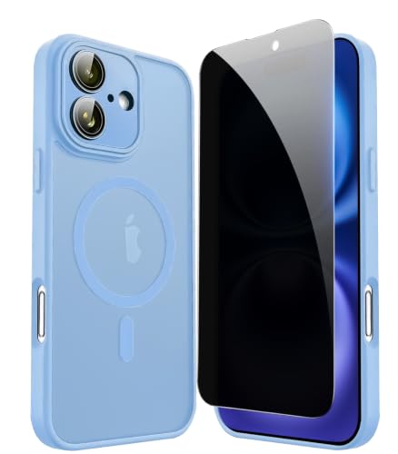 FATUOQIA Privacy Case for iPhone 16 Plus,Magnetic iPhone 16Plus Phone Case with Privacy Screen Protector X2 & Camera Protector [Compatible with MagSafe],Translucent Matte Shockproof Cover-Blue