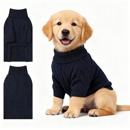 Image of Small Dog Thermal Pullover Sweater, Classic Turtleneck Cable Knitwear Dog Clothes for Cold Weather Warm Pet Clothes for Chihuahua, Bulldog, Dachshund, Pug Navy XX-Large