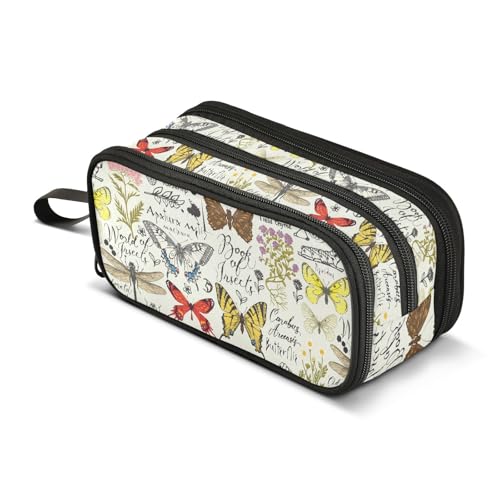 Image of ZAZYXTJ Butterfly Large Capacity Pencil Case 3 Compartment Pen Pouch Storage Canvas Makeup Bag for School Office Teen Girl Boy Men Women