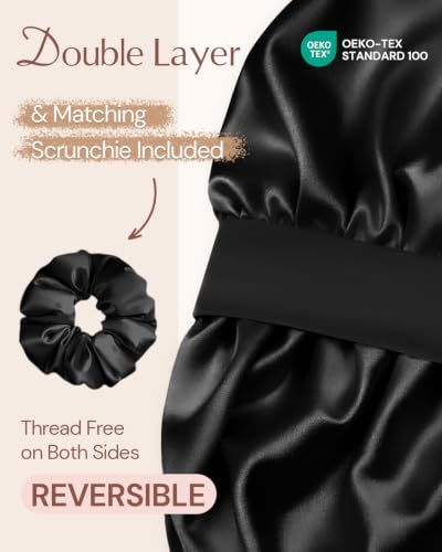 Image of BONNET QUEEN Silk Bonnet for Sleeping HYALURONIC Acid Reversible Double Layer Satin Bonnet for Curly Hair, Black, One Size