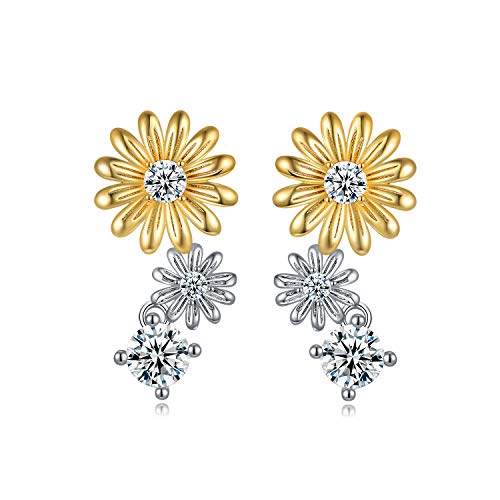 925 sterling Silver Sunflower Stud Earrings with Cubic Zirconia Daisy Sunshine Flower Earring for Women