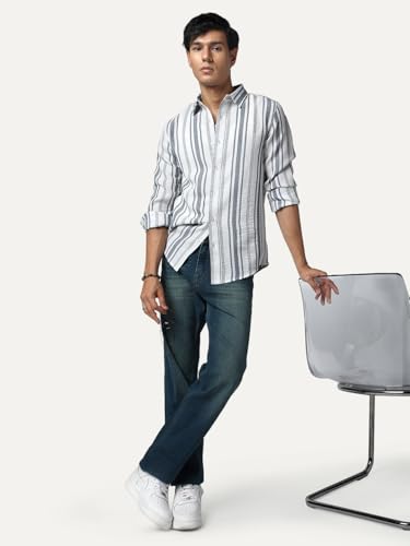 Image of Urbano Fashion Men's Cotton Full Sleeve Relaxed Fit Linen Striped Shirt with Spread Collar