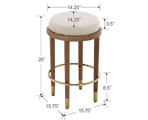 Butacos modernos rústicos sin respaldo de 26 pulgadas, juego de 4 unidades, asiento redondo acolchado y suave, taburetes de altura para barra con estructura de madera y reposapiés metálico dorado, tapizado en lino beige para isla de cocina miniatura 2