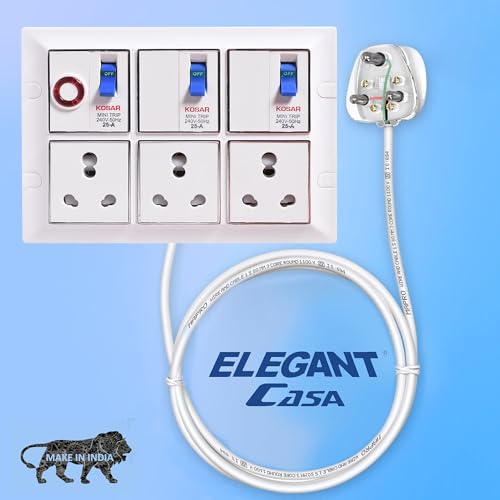 Image of ELEGANT CASA 16 AMP Universal Socket with MCB Protection Heavy Duty Multi Plug 8 Meter Extension Cord 3 Core 2.5MM Wire 2500W Spike Guard Circuit Breaker Power Strip White 1 Set