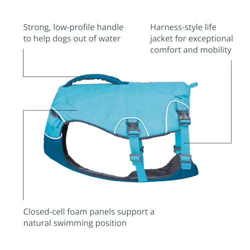 Ruffwear Confluence Hundeschwimmweste, XS-Sicherheitsgeschirr und Schwimmhilfe für Hunde, 2 Hilfsgriffe, wasserdichte Rettungs- und Schwimmhilfe für Haustiere, Bioluminblau, Größe XS
