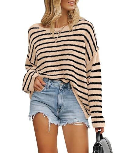 BTFBM Women's Striped Knit Sweaters 2025 Spring Fall Boat Neck Off Shoulder Long Sleeve Oversized Casual Pullover Tops