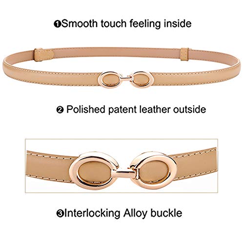Alaix Women's Leather Skinny Belt For Dress Adjustable Thin Waist Belt For Lady Waistband With Golden Buckle Apricot #TOP3