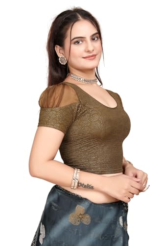 Image of SFT Women's Organza Patch Readymade Saree Blouse with Round Neck Half Sleeves Abstract Pattern Pull On Closure Regular Fit and Standard Length