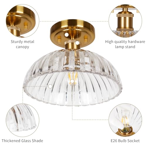 Image of JYZ Semi Flush Mount Ceiling Light, Gold Ceiling Light Fixture with Brass & Ribbed Glass Shade, Vintage Light fixtures for Hallway, Entryway, Bathroom, Kitchen, Bedroom 2-Pack