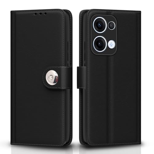 Image of Pikkme Flip Cover Leather Finish | Inside TPU with Card Pockets | Wallet Stand and Shock Proof | Complete Protection Button Flip Case for Oppo Reno 13 5G(Black)