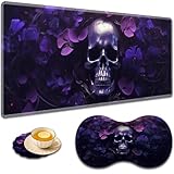 大型ゲームマウスパッド + 手首サポートパッド + コーヒーコースター、縫い目のエッジ付きデスクパッド、滑り止めセットパッド オフィスワークや自宅に最適 - スカルパープルフラワー