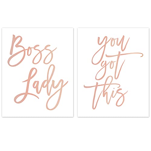 Boss Lady Wall Art Girl Inspirational Quote Cardstock Art Print Set of 2(8x10 inch,unframed) Minimalist Fashion Pink Picture Modern Lady Rose Gold Wall Art Decor For Lady Office Girls Bedroom Decor