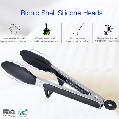 Image of NAALSA FLEXITONG Silicone Food Tongs for Kitchen, Barbeque and Serving - 9 inch - 1 Year Warranty - FDA Approved Silicone, 315C Heat-Resistant, Salad Tong, Serving Tong, BBQ Tong - Black