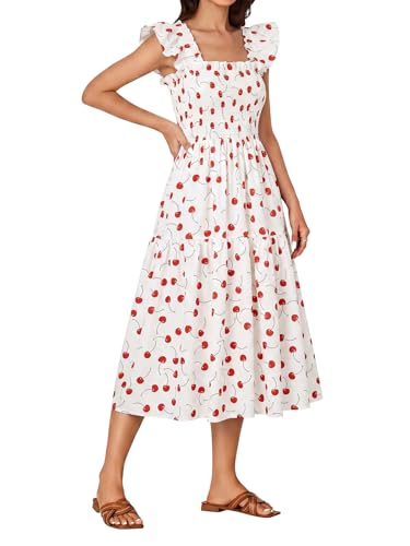 Image of Rooscier Women's A Line Smocked Midi Dress | Summer Sleeveless Square Neck Casual Sundress