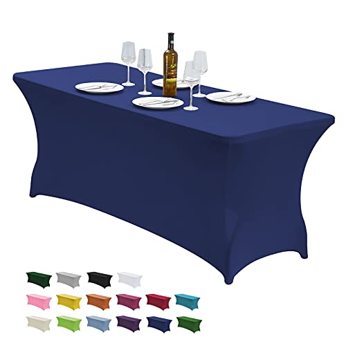 Image of CWK 6FT Waterproof Stretch Spandex Table Cover for Rectangular Tables - Elastic Fitted Tablecloth for Folding Tables,Wrinkle Resistant Table Cloth for Parties, Weddings, Banquets & Events (Blue)