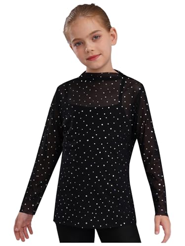 YEAHDOR Kids Girls Glittery Sheer Mesh Tops Long Sleeve Shiny Rhinestones Tee Shirts Blouses Dance Tops3