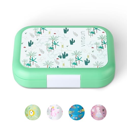 VINSUN Fiambrera Infantil con 4 Compartimentos - Sin BPA, Prueba de Fugas, Aptos para Lavavajillas y Microondas - Bento Box con Dinosaurios para Guardería, Colegio, Excursiones