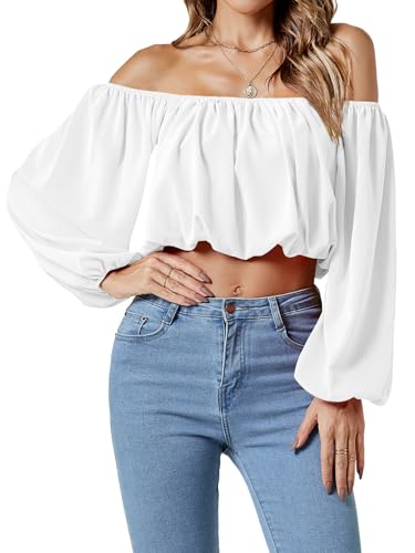 Umenlele Women’s Casual Off Shoulder Ruched Lantern Long Sleeve Crop Top Blouse Shirt