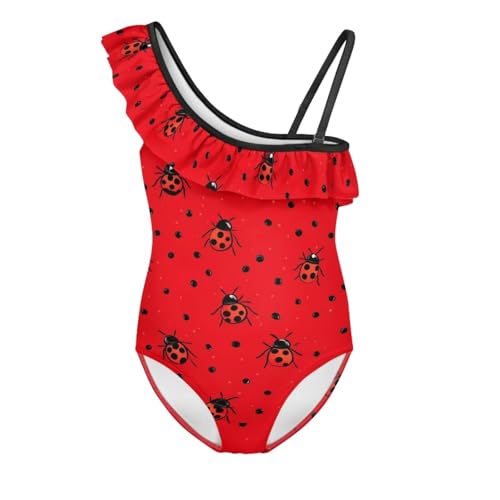 Image of Ladybug Swimsuits for Girls 5-14 One Piece Bathing Suit Kids One Ruffle Shoulder Beach Sport Swimwear