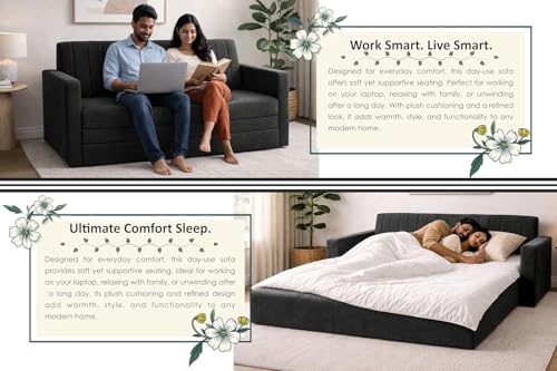 Image of Sofa-Cum-Bed | Three-Seater Couch with Armrest | Modern Fabric Sofa for Living Room, Bedroom & Office-Black