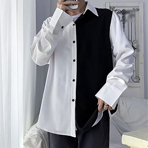 Men's Fashion Black and White Stitching Shirt Classic Contrast Shirt Casual Long Sleeve Button-Down Shirts2