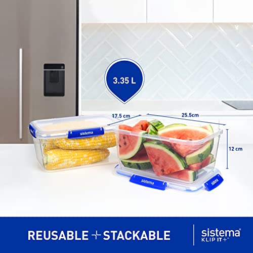 Sistema KLIP IT PLUS Food Storage Containers | 3.35 L | Leak-Proof, Stackable & Airtight Fridge/Freezer Containers with Lids | BPA-Free Plastic | Blue Clips | 3 Count