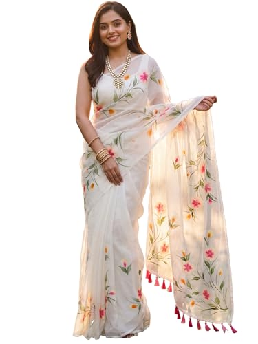 Image of AKHILAM Women's Cotton Saree with White Daisy Floral Prints Tassel Pallu Lightweight Summer Saree