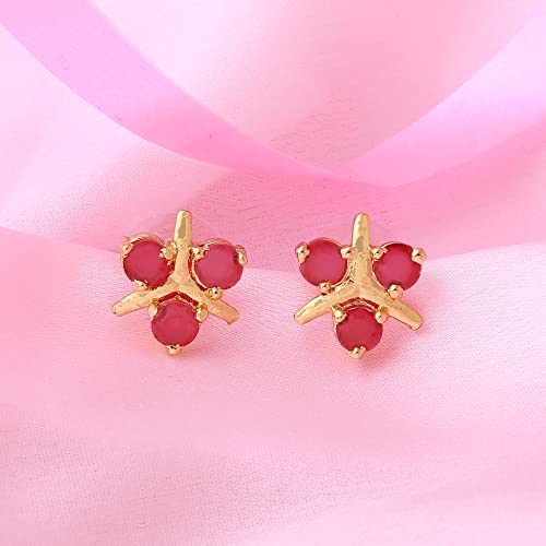 24Kt Plated Stone-Studded Floral Stud Earrings with Ruby CZ