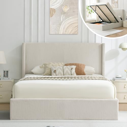 VELOCAVA Queen Size Lift-Up Storage Bed, Modern Upholstered Corduroy White Bed with Wingback...