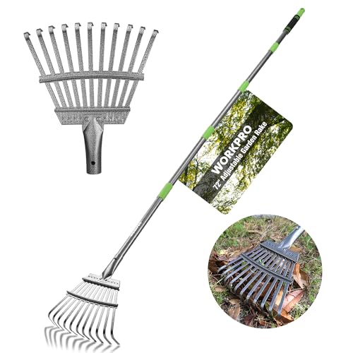 WORKPRO Rake, Small Rake for Leaves with 72” Adjustable Long Handle, 11 Steel Tines, Heavy Duty Metal Leaf Rakes for Garden, Lawn, Yard, Shrub, Flower Bed, Narrow Rakes 9' Wide Head for Tight Spaces