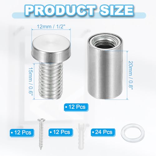 Image of PATIKIL 1 /2 inch x 1 inch Standoff Screws, 12 Pack Stainless Steel Wall Mount Sign Standoffs Mounting Hardware Advertising Nail for Hanging Acrylic Picture Frame, Silver