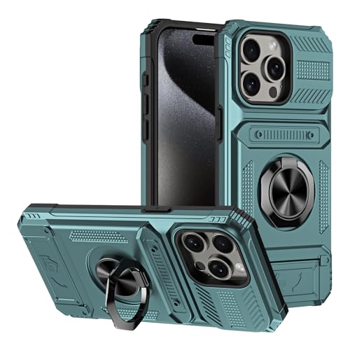 SORAKA Case for iPhone 15 Pro Max with Ring Stand Card Holder Metal Patch Compatible Magnetic Car Phone Mount Shock and Drop Protection Case Green