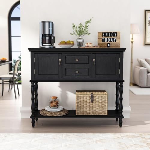 GarveeMore Console derrière canapé étroite 107 cm style rétro – 2 tiroirs + meuble 2 portes, étagère ouverte, pieds tournés style romain – pour salon/couloir/foyer – Noir