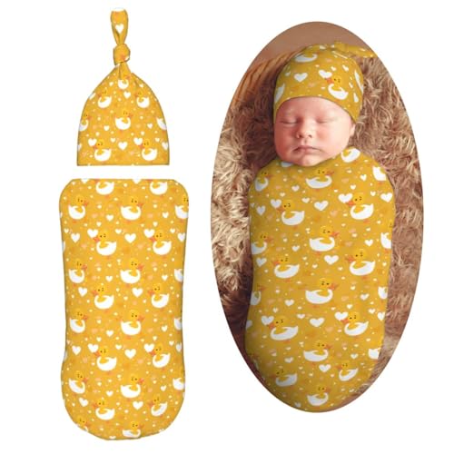 Image of Lovely Duck Heads and Heart Newborn Swaddle Blankets Hat Sets Soft Baby Receiving Blanket Swaddle Sack for Baby Shower Infant Boy Girl Gift