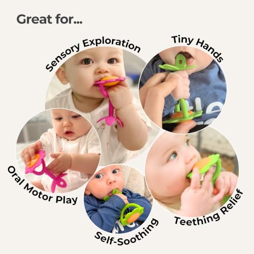 Image of Innobaby Original Teethin' Smart EZ Grip Flower Teether Rattle and Sensory Toy for Babies and Toddlers (2 Pack Green /Pink). BPA Free Teether