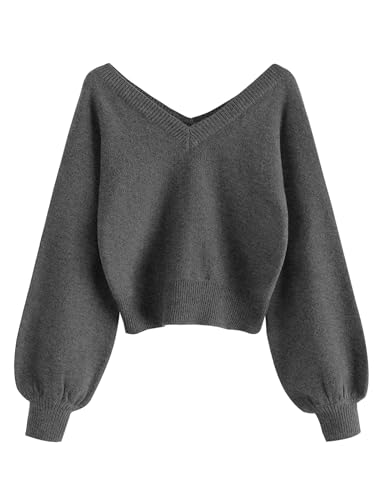 Image of ZAFUL Women's Cropped Sweater V-Neck Long Sleeve Pullover Jumper Knit Top | Crop Length, Ribbed Knit, Double V design, White sweater, Raglan sleeves, lantern sleeve, Fall & Winter, Loose fit, Oversized